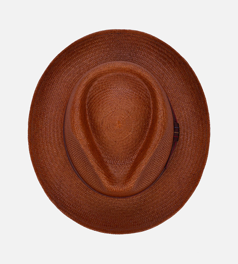 top view of curled brim straw hat