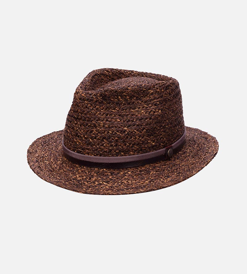 oblique view of straw fedora hat