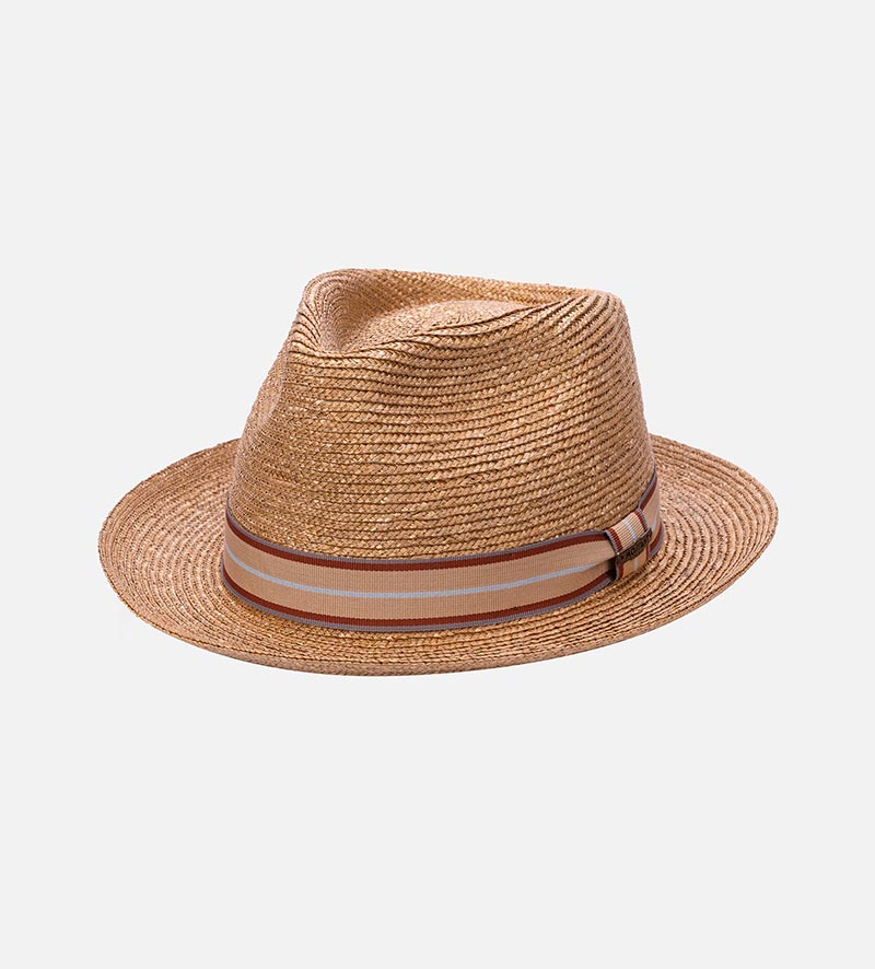 oblique view of straw fedora hat